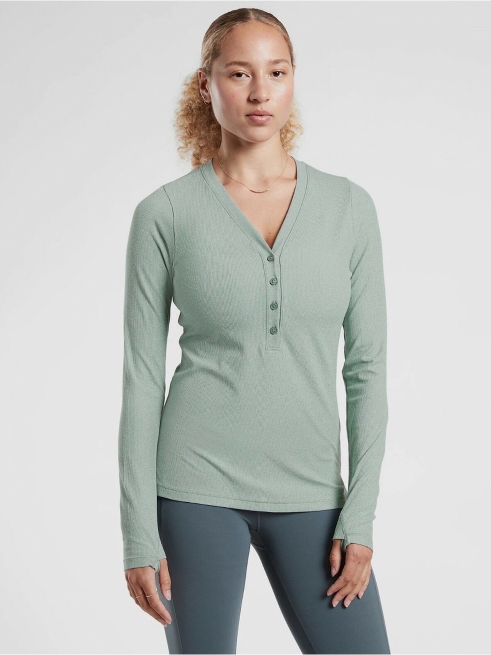 Athleta Uptempo Ribbed Henley Top Mint Green Long Sleeve Size S‎ Petite